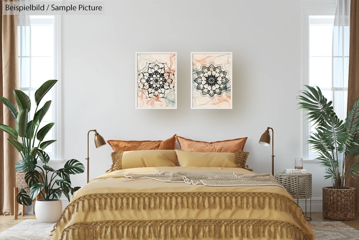 Stylish bedroom with a mustard yellow bed, patterned blankets, and two framed art pieces on a white wall.