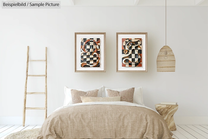 Modern bedroom with hanging art, beige bed, wooden ladder, and woven lamp.