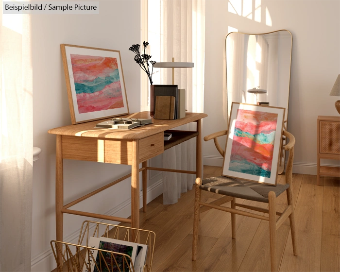 Scandinavian interior with wooden desk, chair, and colorful abstract art pieces near a window.