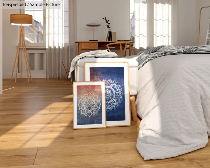 Cozy bedroom with framed mandala art on wood floor and bed with white linens in natural light.