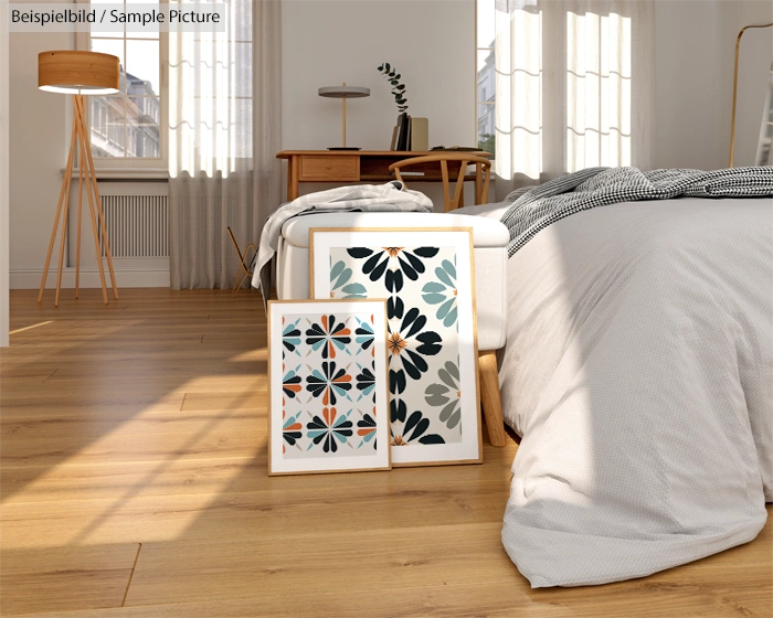 Modern bedroom with patterned artwork on floor, wooden furniture, soft lighting, and a cozy bed with grey bedding.