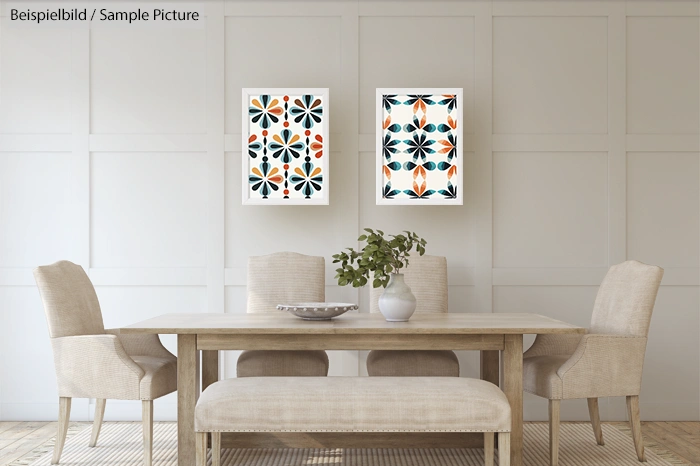 Minimalist dining room with beige chairs, wooden table, and geometric art on the wall.