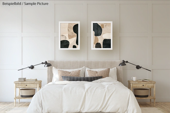 Modern bedroom with abstract art, neutral tones, and cozy bedding.