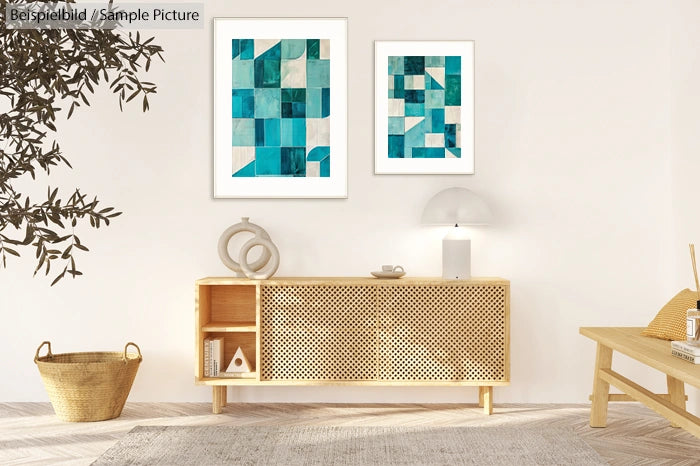 Modern living room with abstract teal artwork, light wooden furniture, and decorative items on a wooden sideboard.