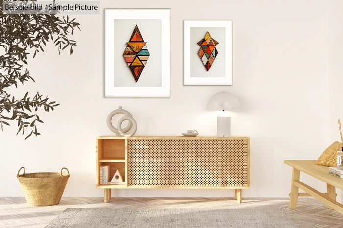 Modern living room with wooden sideboard, abstract wall art, and a small table lamp.