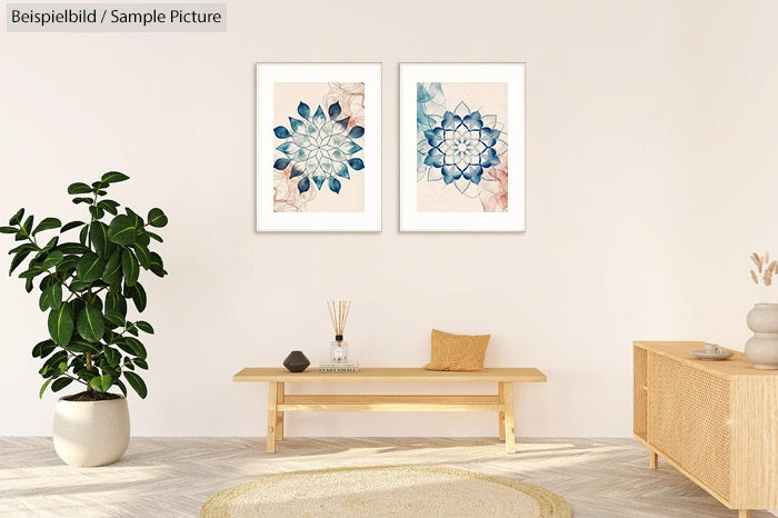 Minimalist living room with two flower artworks, wooden bench, plant, and light wood furniture against cream wall.