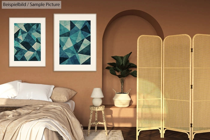 Stylish bedroom with geometric wall art, beige bed, wicker room divider, and a potted plant.