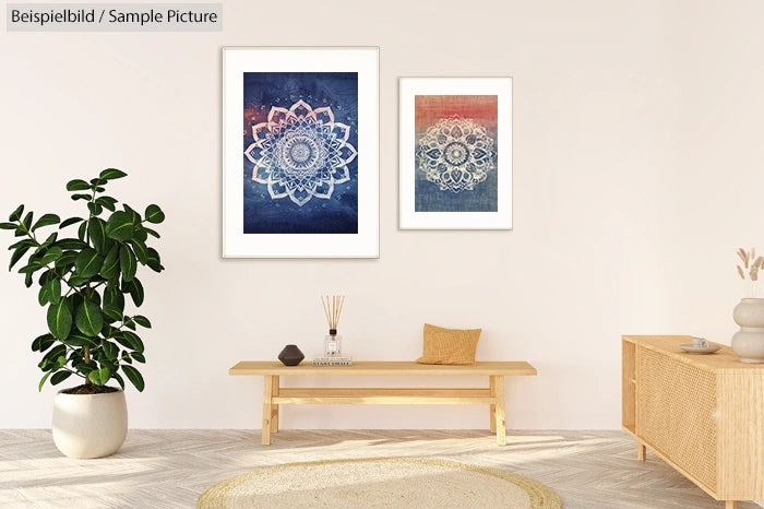 Clean living room with mandala art, wooden bench, green plant, and cushions against white walls.