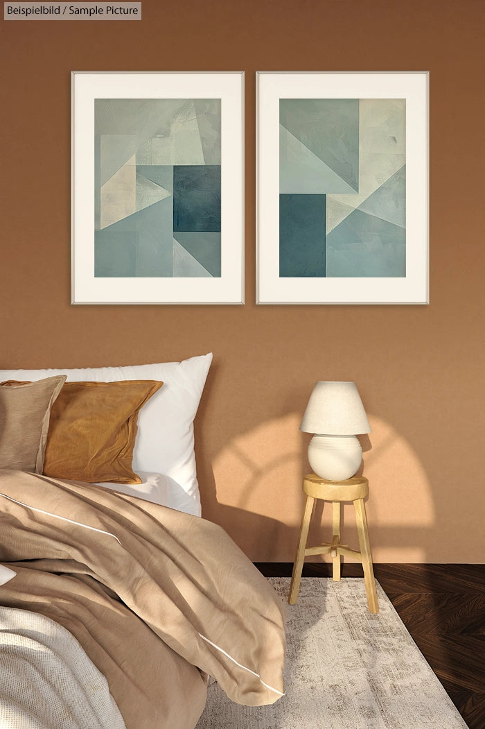 Modern bedroom with abstract geometric art, brown and beige bedding, wooden stool, and a small lamp on a tan wall.