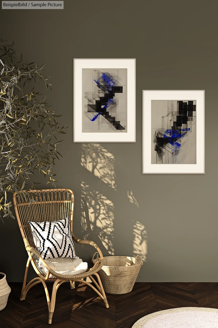 Minimalist interior with abstract art on wall, wicker chair, black and white cushion, plant, and woven basket.