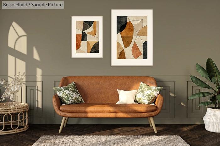 Modern living room with brown sofa, abstract art, indoor plant, beige walls, natural light, and decorative pillows.