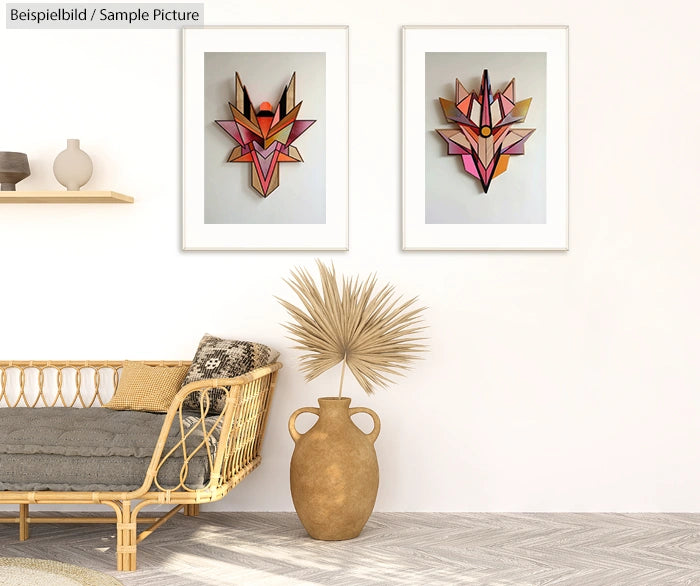 Modern room with framed geometric art, wicker chair, and decorative vase on patterned rug.