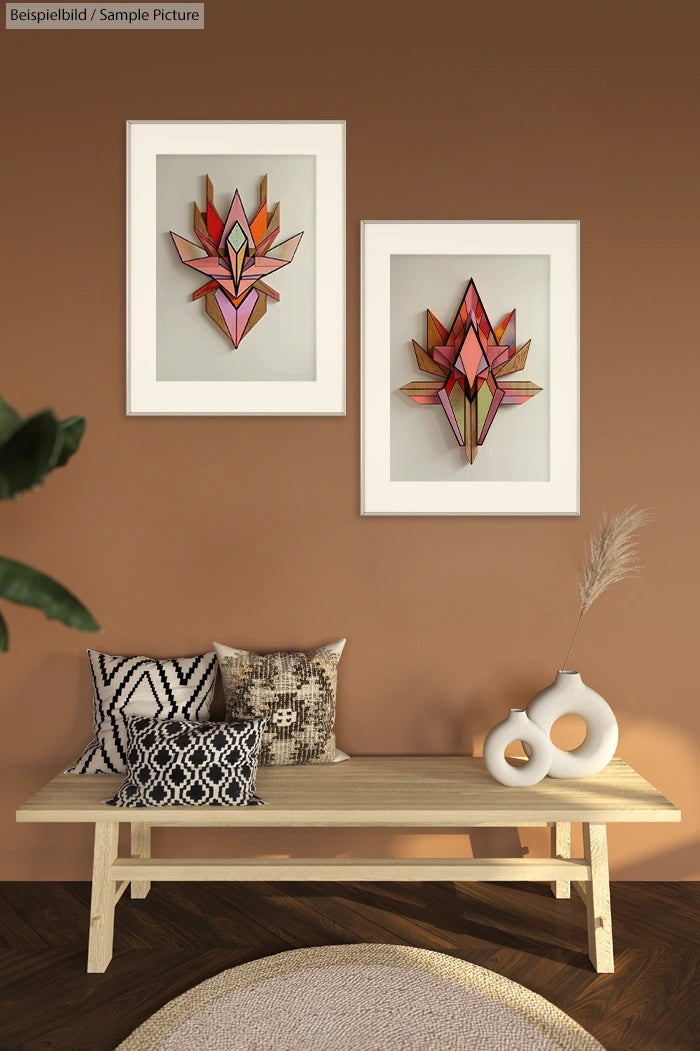 Modern interior with two framed abstract geometric artworks above a wooden bench with cushions and vases.