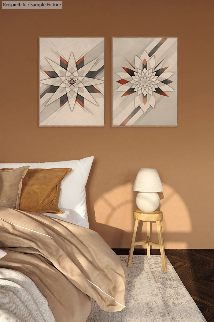 Modern bedroom with geometric art, beige bedding, white pillows, and a wooden side table with a warm-lit lamp.