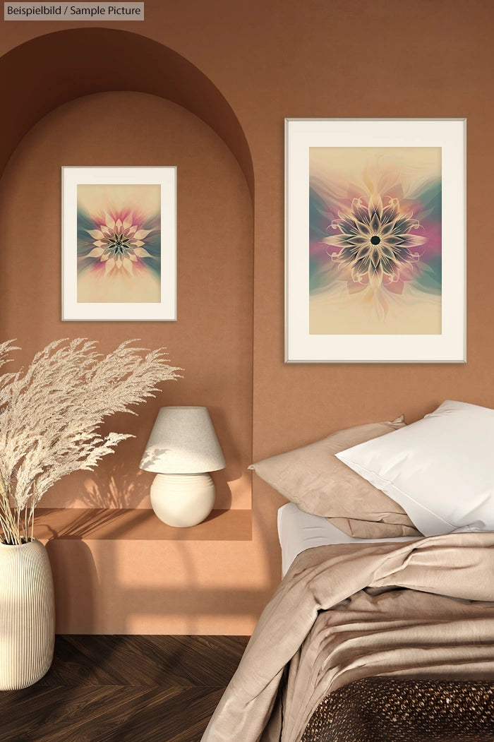 Modern bedroom with abstract art, beige walls, and decorative vases. Neutral tones and cozy atmosphere.