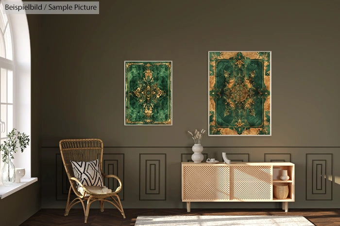 Stylish room with two green abstract paintings, a wicker chair, and a wooden sideboard in natural light.