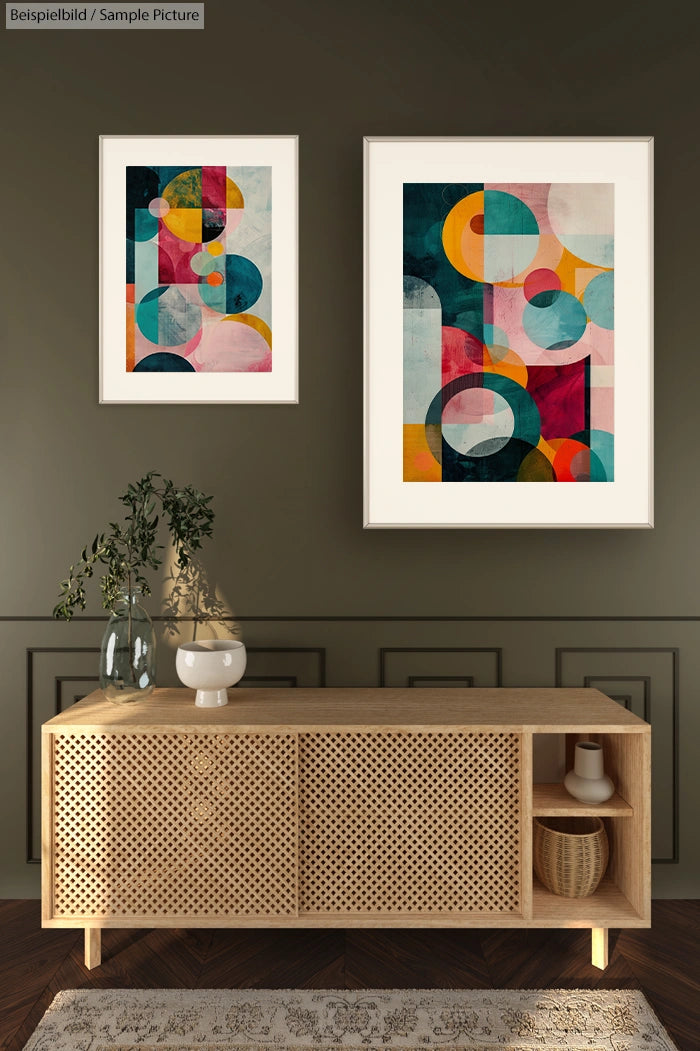 Modern living room with two framed abstract geometric artworks above a wooden sideboard with decor.