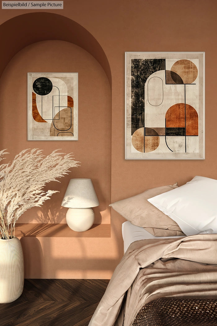 Modern bedroom with abstract art, beige walls, round lamp, dried pampas grass, and cozy bed with neutral linens.