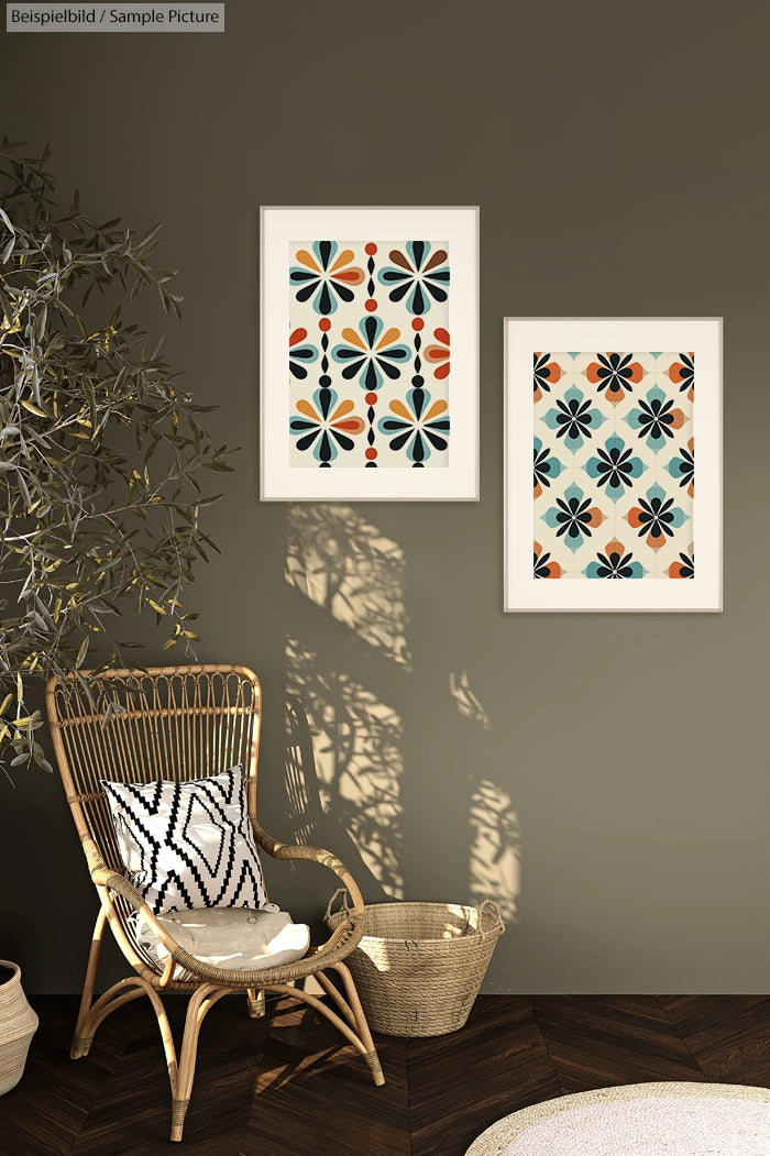 Boho room with rattan chair, black and white cushion, leafy plant, and two colorful geometric wall art pieces.