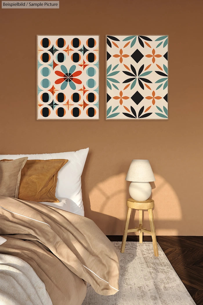 Modern bedroom with geometric art on walls, neutral bedding, wooden stool, and soft lighting.