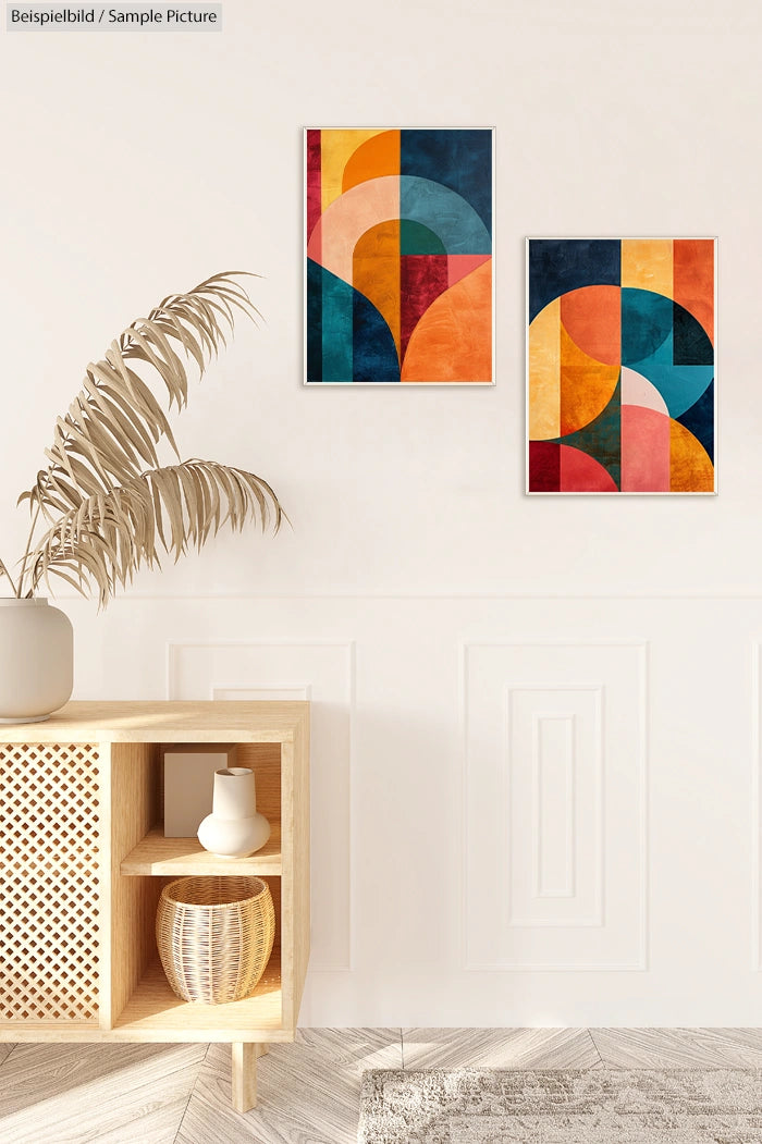 Minimalistic room with two geometric abstract paintings and a wooden cabinet with decor.