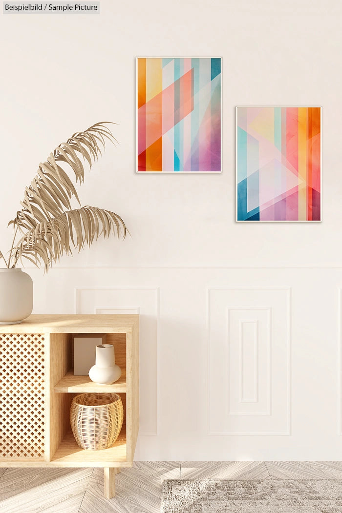 Minimalist room with abstract geometric art, potted plant, and light wood cabinet against a white wall.