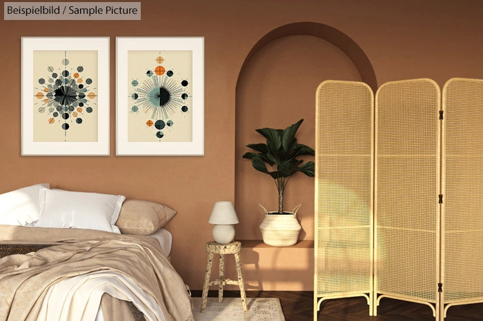 Cozy bedroom with abstract art, potted plant, nightstand, beige bedding, and woven room divider against a warm-toned wall.