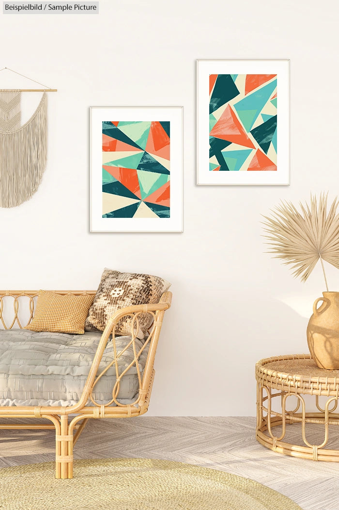 Minimalist living room with rattan furniture and abstract art in geometric shapes on a white wall.