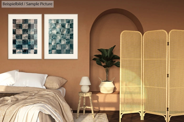 Cozy bedroom with beige tones, abstract artwork on wall, woven room divider, and potted plant.