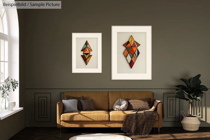 Living room with brown sofa, two colorful geometric art pieces on wall, and a potted plant by a large window.