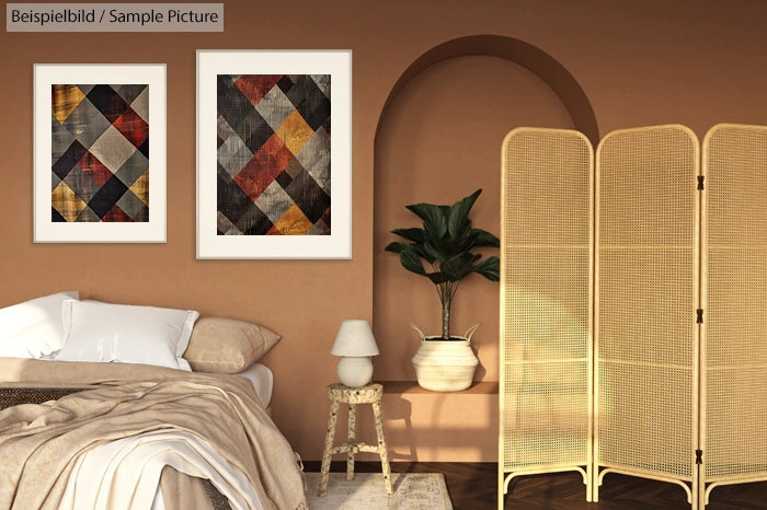 Cozy bedroom with abstract geometric paintings, potted plant, wicker screen, neutral-toned bed, and warm lighting.