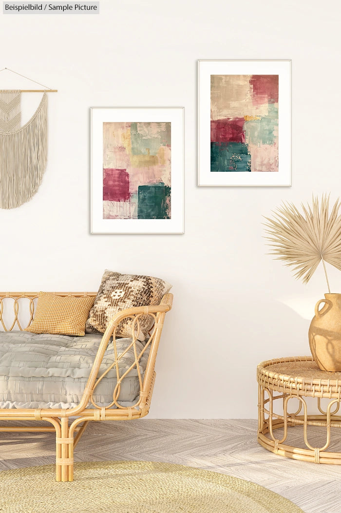 Bright living room with two abstract paintings, rattan furniture, and indoor plants, featuring neutral and pastel colors.