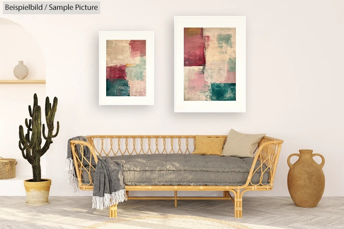 Living room with abstract art, rattan sofa with cushions, cactus plant, and decorative vase.