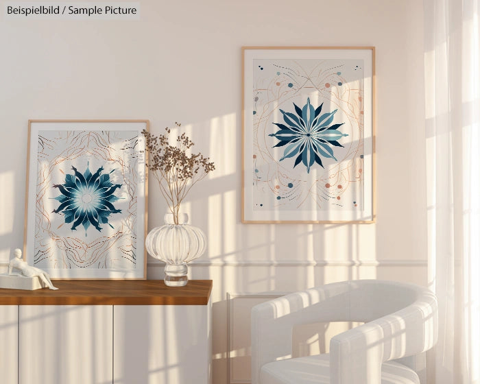 Modern living room with floral geometric art, wooden table, vase, and white armchair in soft natural light.