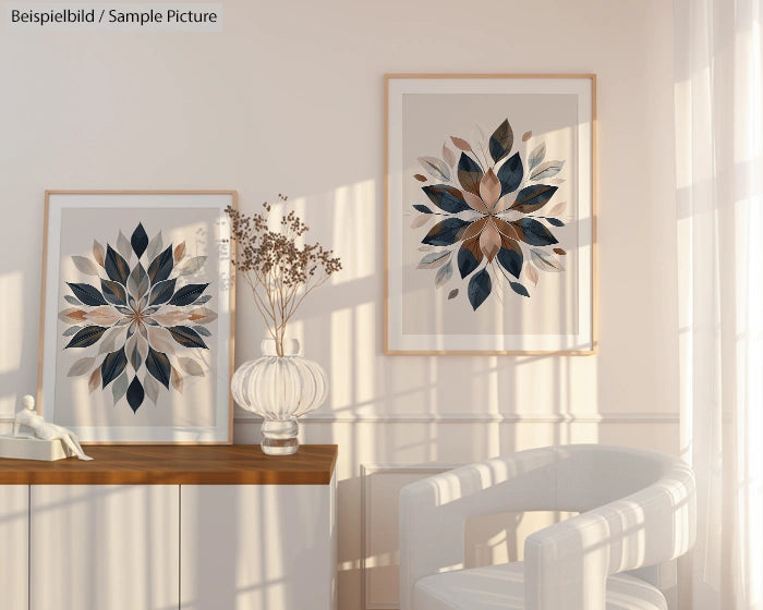 Minimalistic room with framed floral art, wooden shelf, glass vase, and soft sunlight streaming through a window.