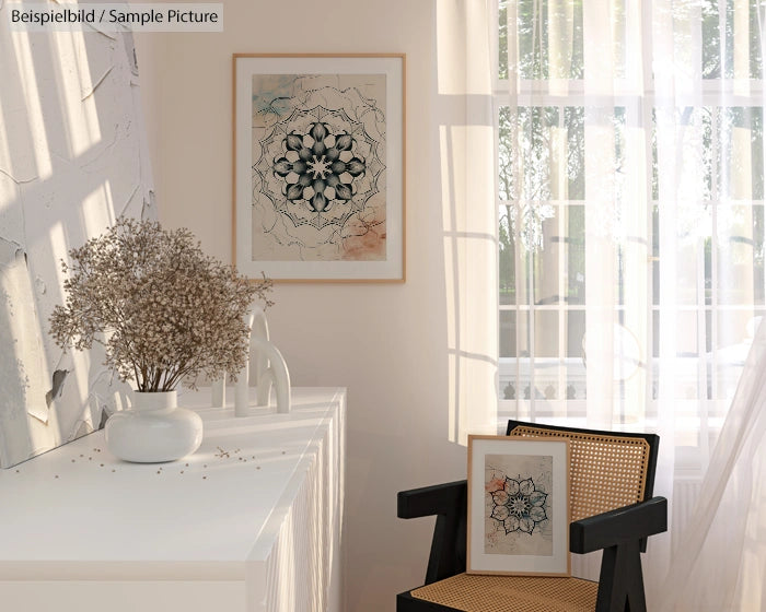 Bright room with a chair, framed nature artwork on wall and table, and a vase with dried flowers on a white cabinet.