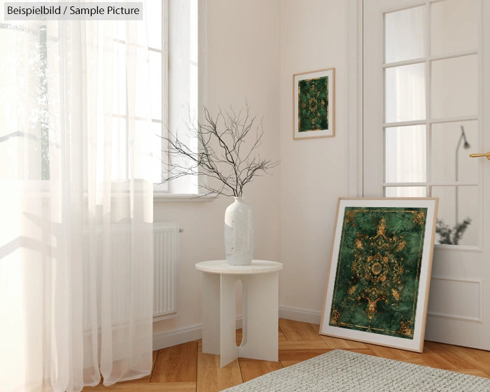 Minimalist room with white walls, abstract green art, vase with bare branches on white table, and parquet floor.