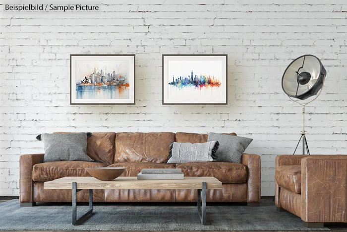 Cozy living room with brown leather sofa, abstract paintings, brick wall, and modern floor lamp.