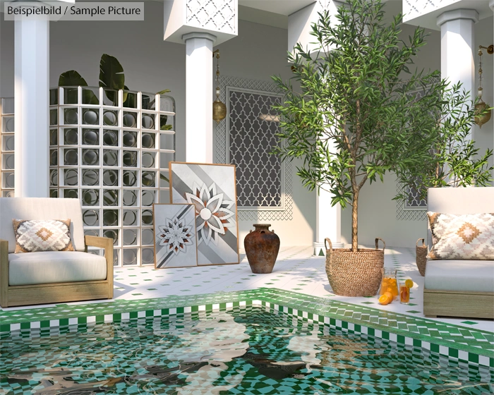 Serene outdoor patio with pool, potted olive tree, and decorative tiles in a relaxed, Mediterranean setting.