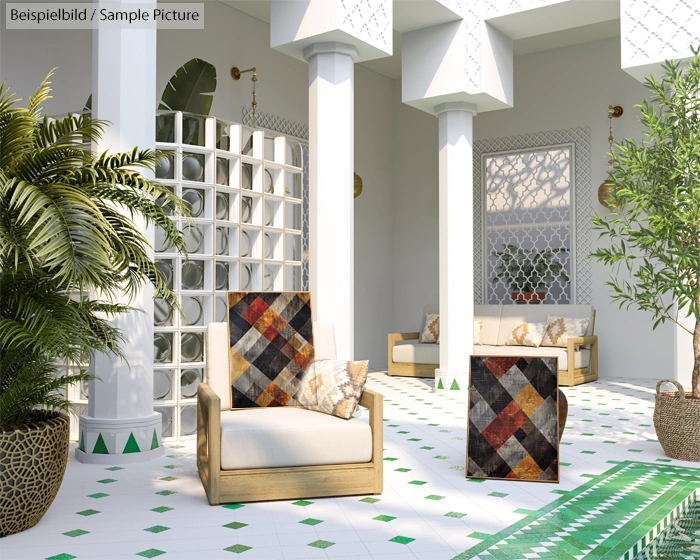 Modern lounge area with geometric tiles, wooden armchairs, cushion, and decorative plants in a sunlit room.