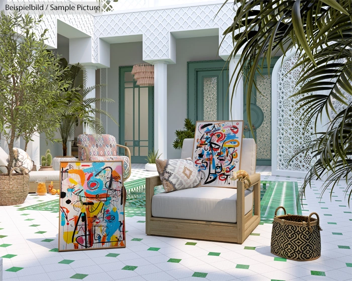 Modern patio with abstract art, wicker furniture, and lush greenery surrounding a turquoise tile pool.