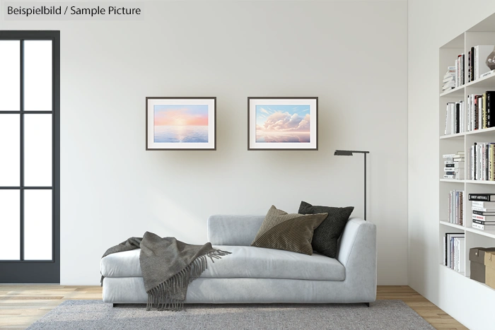 Modern living room with a grey sofa, pillows, and framed landscape pictures, next to a bookshelf.