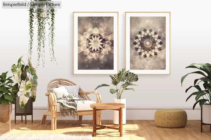 Cozy living room with rattan furniture, green plants, and two geometric art prints on the wall.