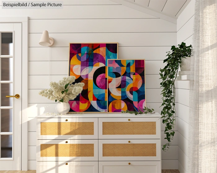 Colorful abstract paintings on white shiplap wall, above a wooden dresser with plants and sunlight.