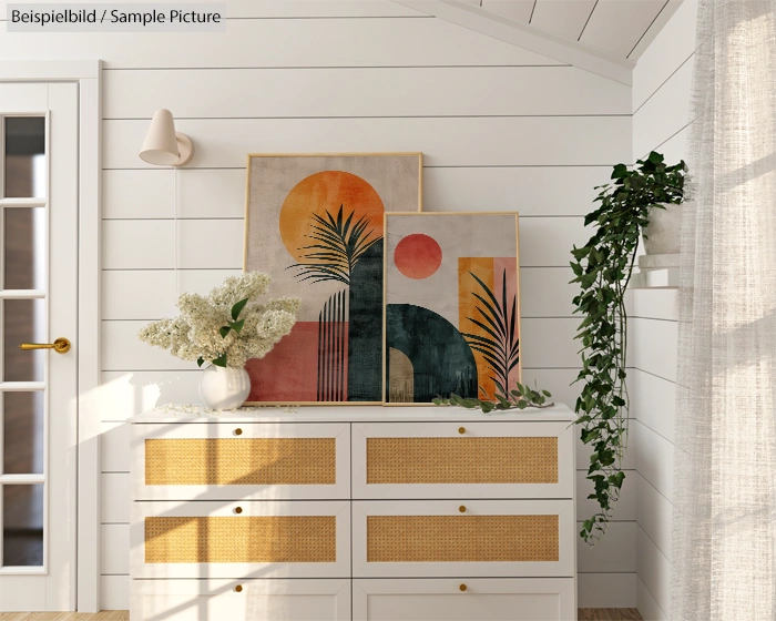 Modern room with abstract art, white dresser with rattan drawers, plant decor, and white shiplap walls.