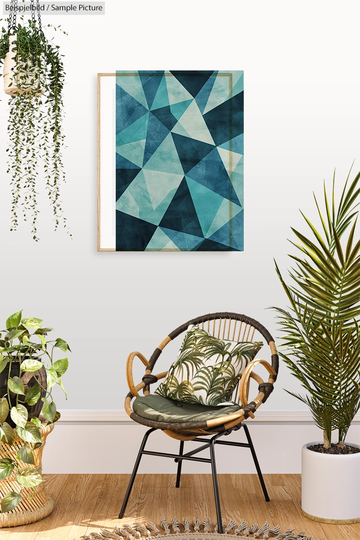 Geometric blue abstract art on wall above a wicker chair with leaf-patterned cushion, surrounded by potted plants.