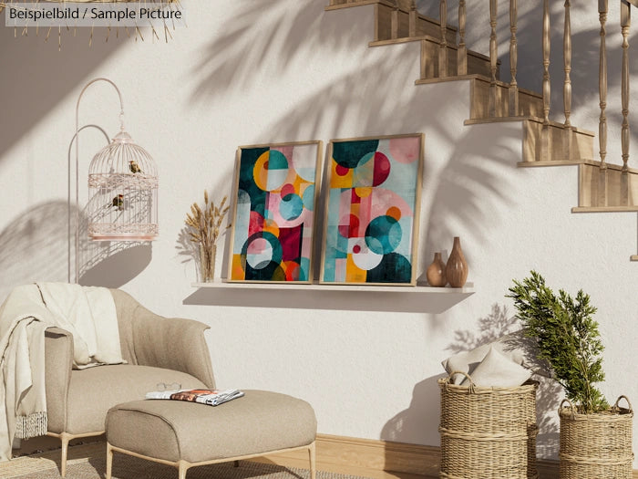 Cozy living room with armchair, abstract art on wall, and wicker baskets; natural light and plants enhance the space.