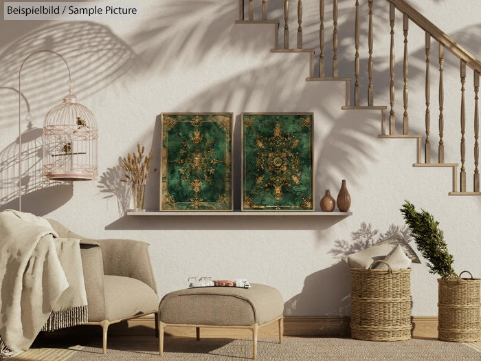 Cozy living room with armchair, ottoman, and art on wall. Decorative birdcage and baskets near staircase.