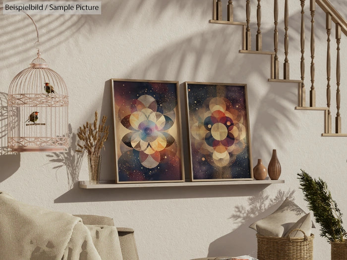 Cozy interior with abstract geometric art on a shelf, a birdcage, and stairs casting shadows on the wall.