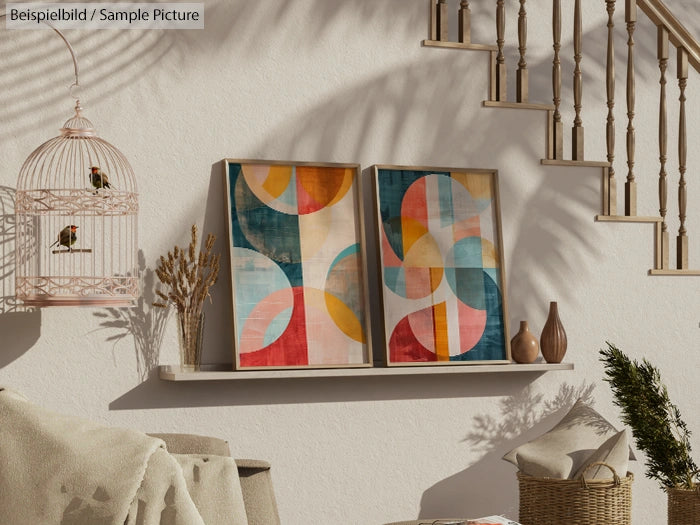 Stylish living room with abstract geometric paintings on a shelf, decorative birdcage, and sunlight casting shadows.